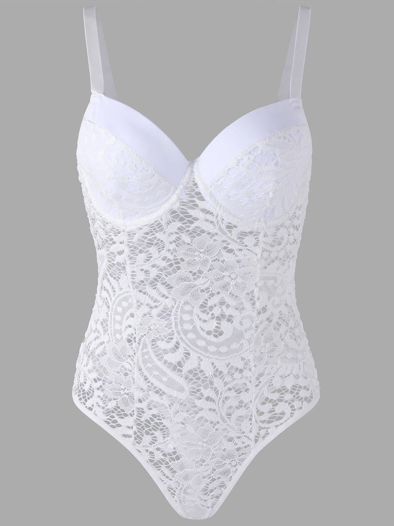 White V-Neck Sleeveless Lace Bodysuits