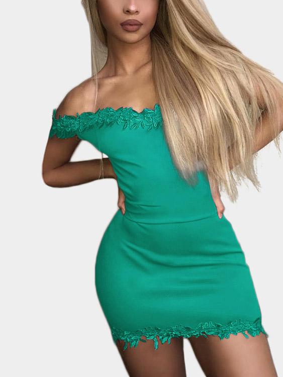 Green Off The Shoulder Short Sleeve Bodycon Mini Dresses