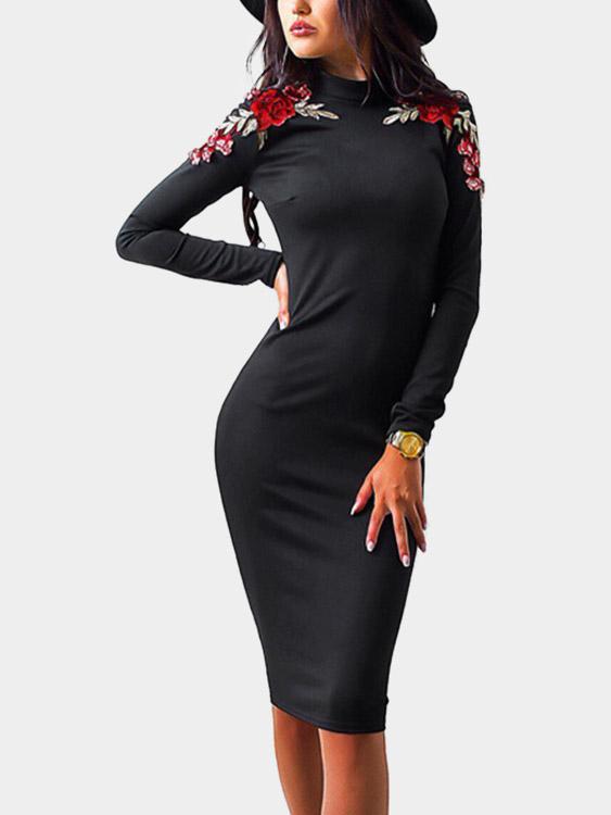 Black Crew Neck Long Sleeve Embroidered Bodycon Casual Dress