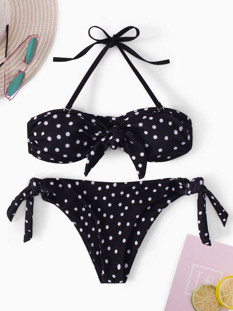 Black Halter Sleeveless Polka Dot Backless Tie-Up Bikinis