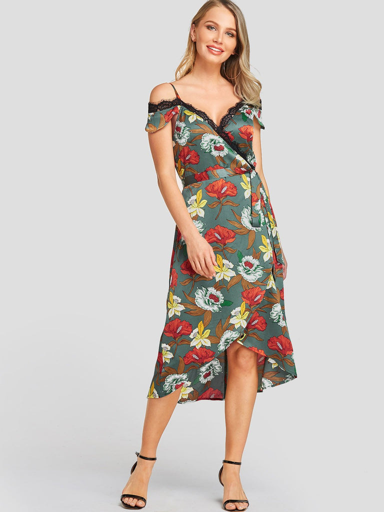 Green V-Neck Cold Shoulder Floral Print Spaghetti Strap Self-Tie Dresses