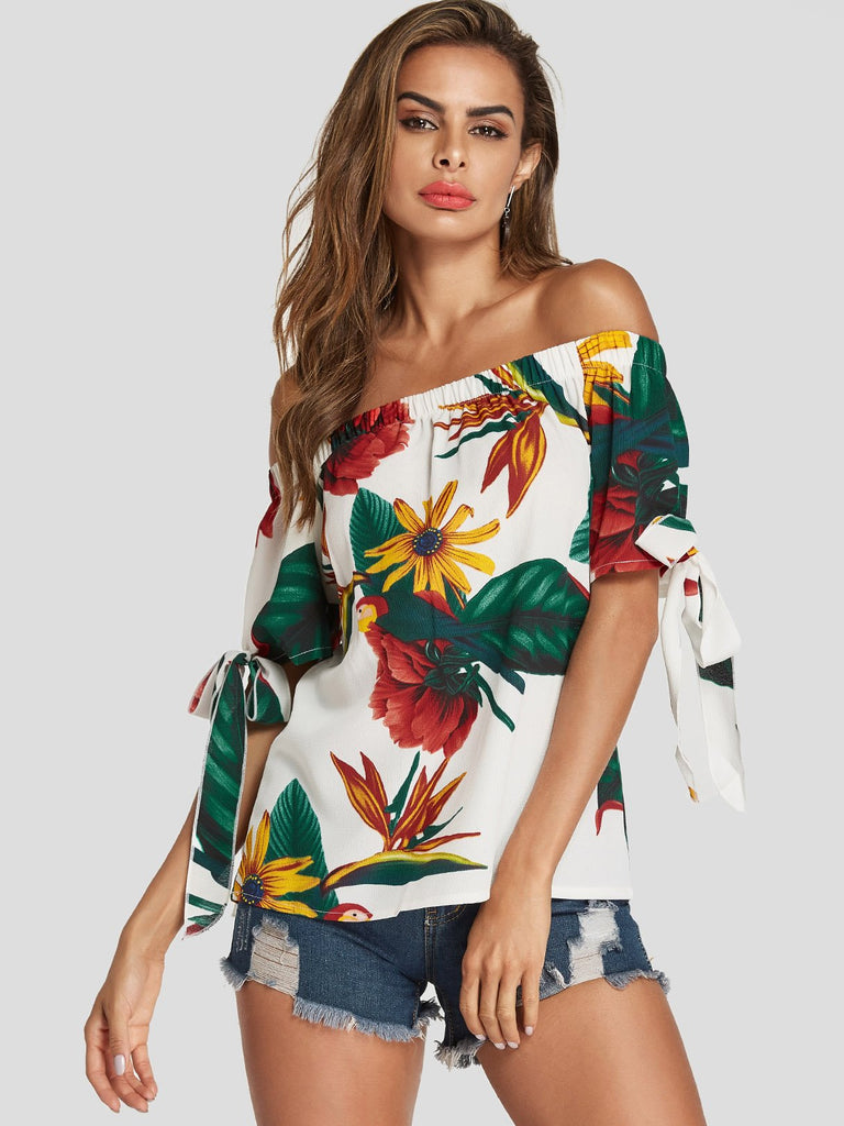 Off The Shoulder Floral Print Short Sleeve Blouses