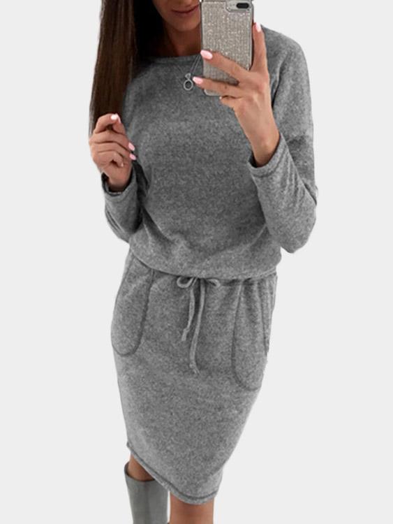 Grey Round Neck Long Sleeve Two Large Pockets Casual Dresses