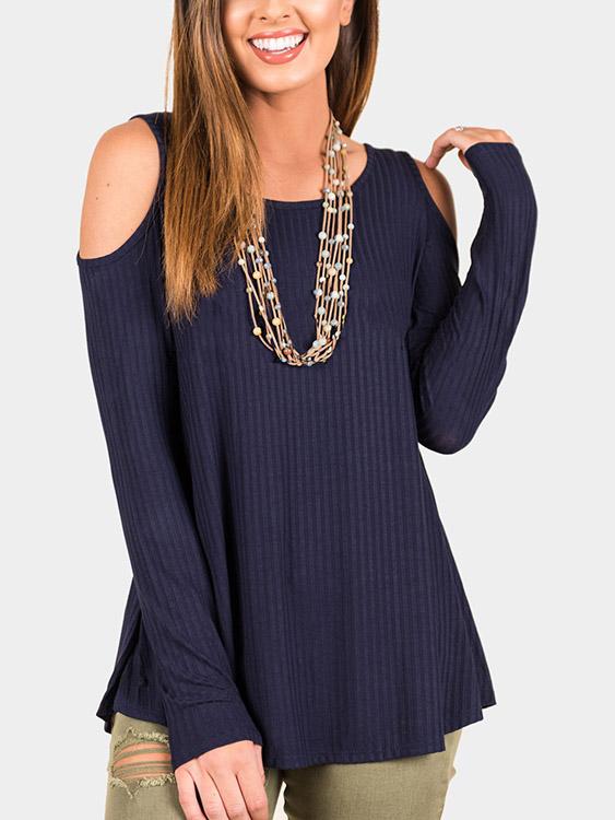 Cold Shoulder Plain Cable Knit Long Sleeve Top