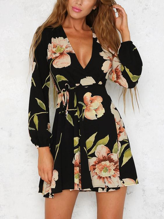 Deep V Neck Floral Print Lace-Up Long Sleeve Dresses