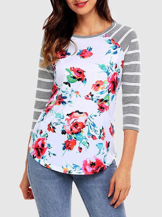 Round Neck Stripe Floral Print 3/4 Sleeve Grey T-Shirts