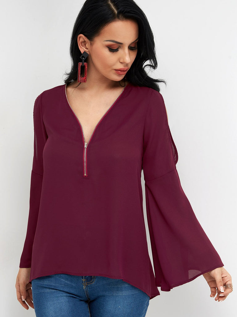 V-Neck Cold Shoulder Plain Zip Back Cut Out Long Sleeve Purple Blouses