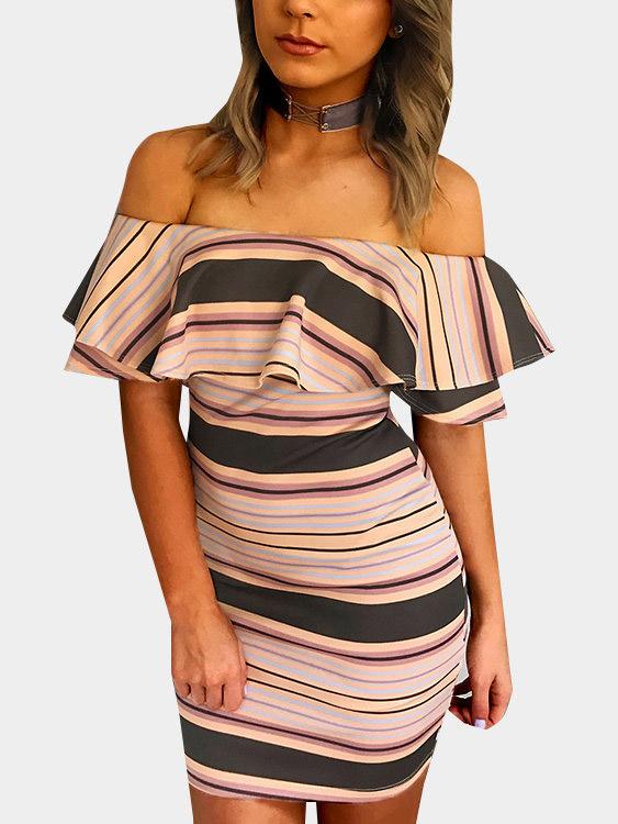 Off The Shoulder Short Sleeve Stripe Bodycon Mini Dresses