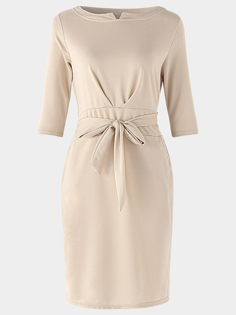 Beige Round Neck Half Sleeve Lace-Up Midi Dress