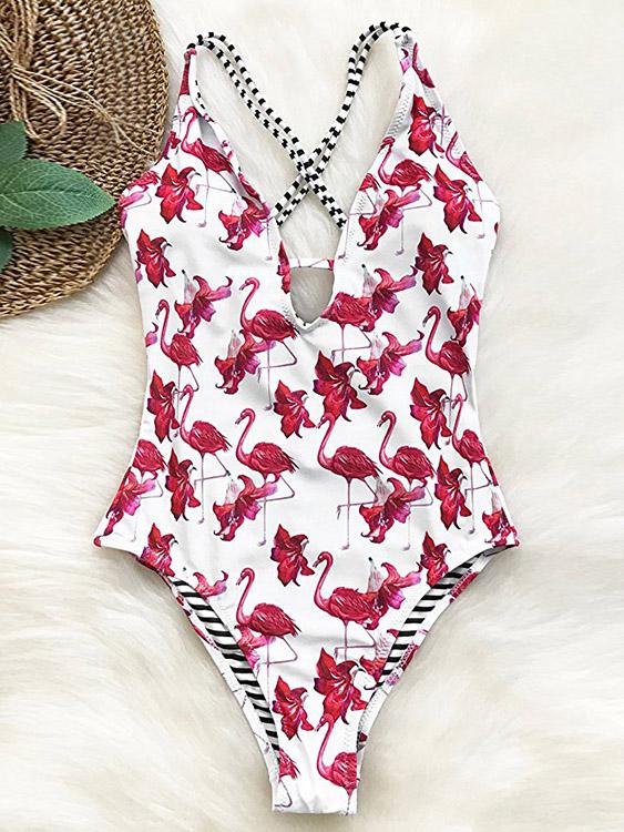 White V-Neck Sleeveless Floral Print Backless One-Pieces