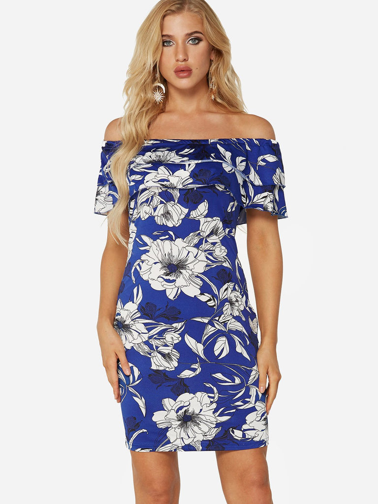 Off The Shoulder Short Sleeve Floral Print Bodycon Dresses