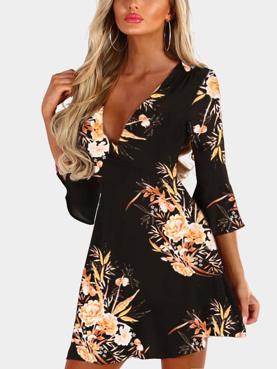 Black V-Neck Crossed Collar 3/4 Sleeve Length Floral Print Zip Back Wrap Dresses