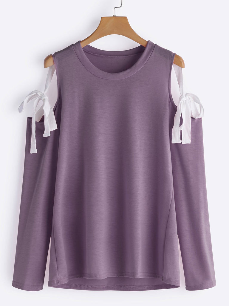 Round Neck Cold Shoulder Lace-Up Long Sleeve Purple T-Shirts