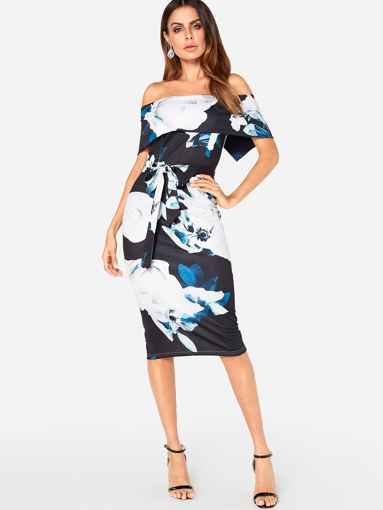 Navy Off The Shoulder Short Sleeve Floral Print Zip Back Belt Self-Tie Slit Hem Dresses