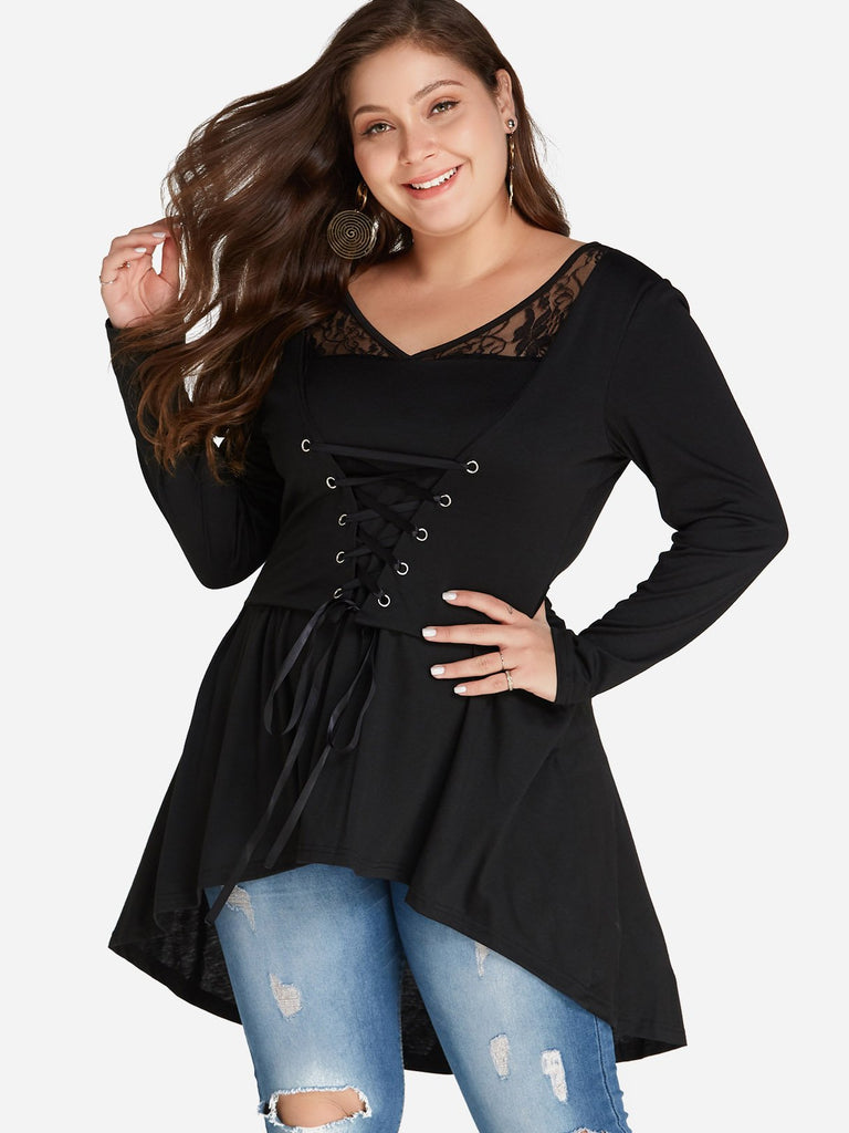 V-Neck Plain Lace-Up Lace Insert Long Sleeve High-Low Hem Black Plus Size Tops