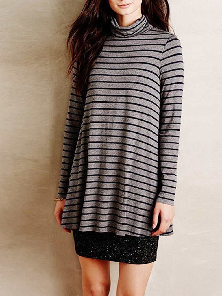 Grey High Neck Long Sleeve Stripe Mini Dress