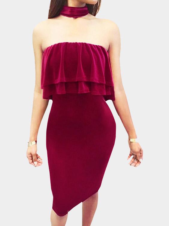 Bateau Plain Backless Sleeveless Burgundy Mini Dress