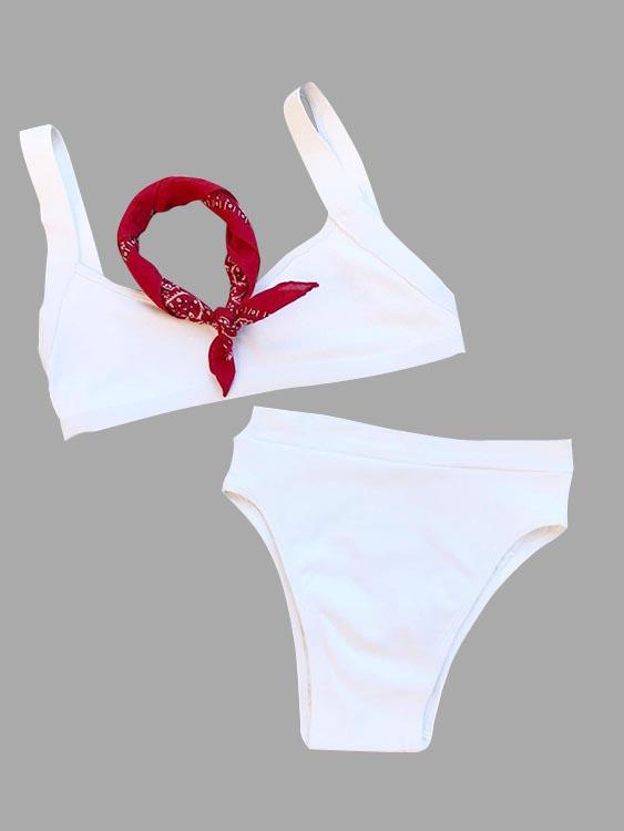 White Scoop Neck Sleeveless Backless High-Waisted Two Piece Bikinis