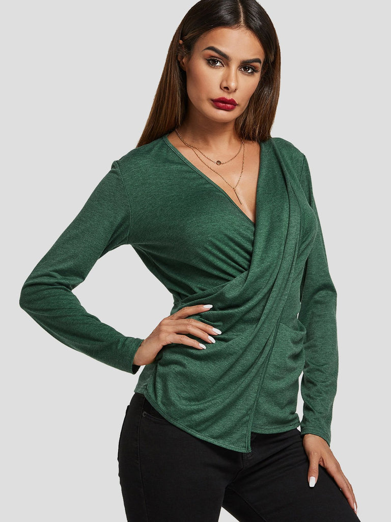 V-Neck Crossed Front Long Sleeve Green Top