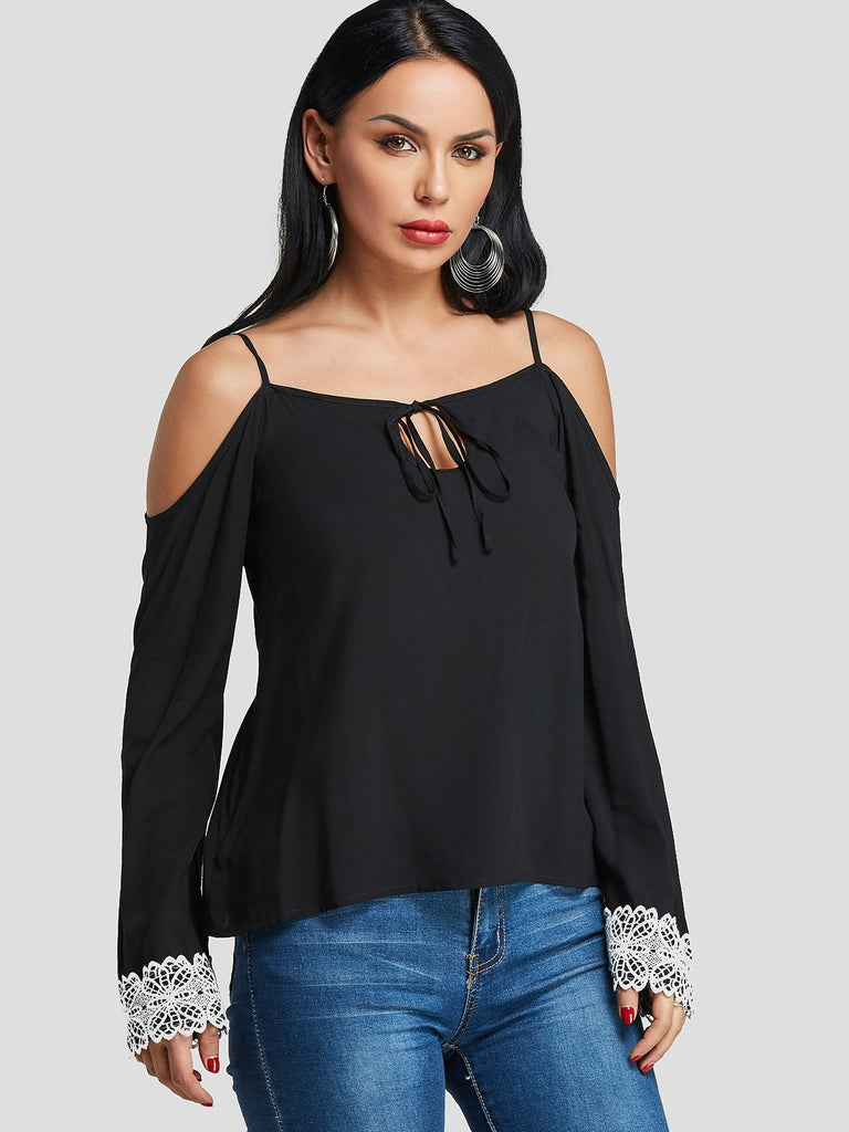 Cold Shoulder Lace Cut Out Long Sleeve Black T-Shirts