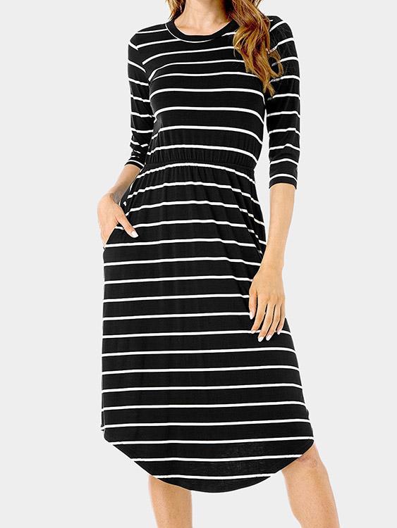 Black Round Neck 3/4 Length Sleeve Stripe Curved Hem Midi Dress
