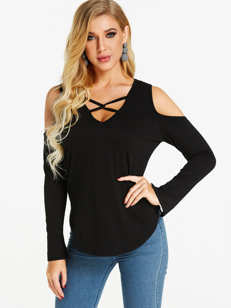 Cold Shoulder Slit Long Sleeve Curved Hem Black Top