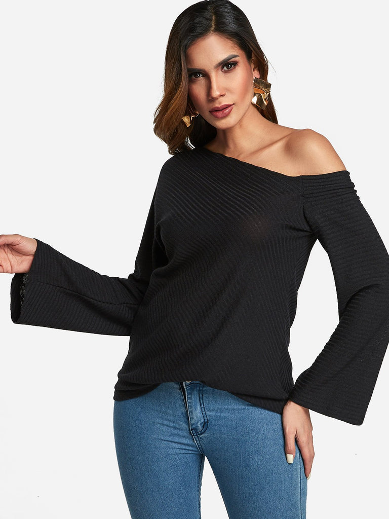 One Shoulder Long Sleeve Black T-Shirts