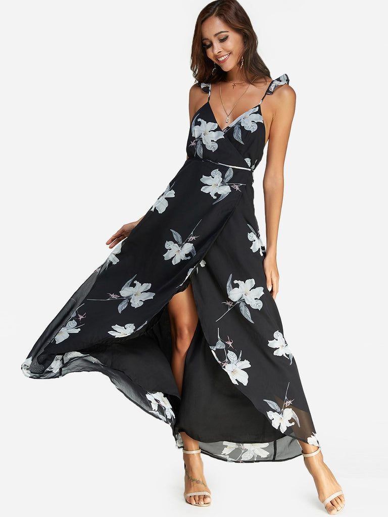Black V-Neck Sleeveless Floral Print Backless Lace-Up Criss-Cross Wrap Slit Hem Dresses