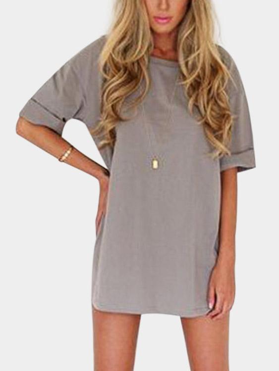 Crew Neck Plain Half Sleeve Grey Mini Dress