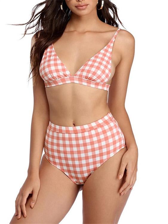 Orange V-Neck Sleeveless Grid High Waist Two Piece Bikinis