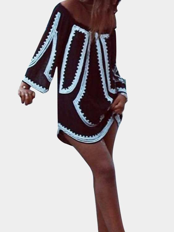 Black Off The Shoulder Long Sleeve Geometrical Mini Dress