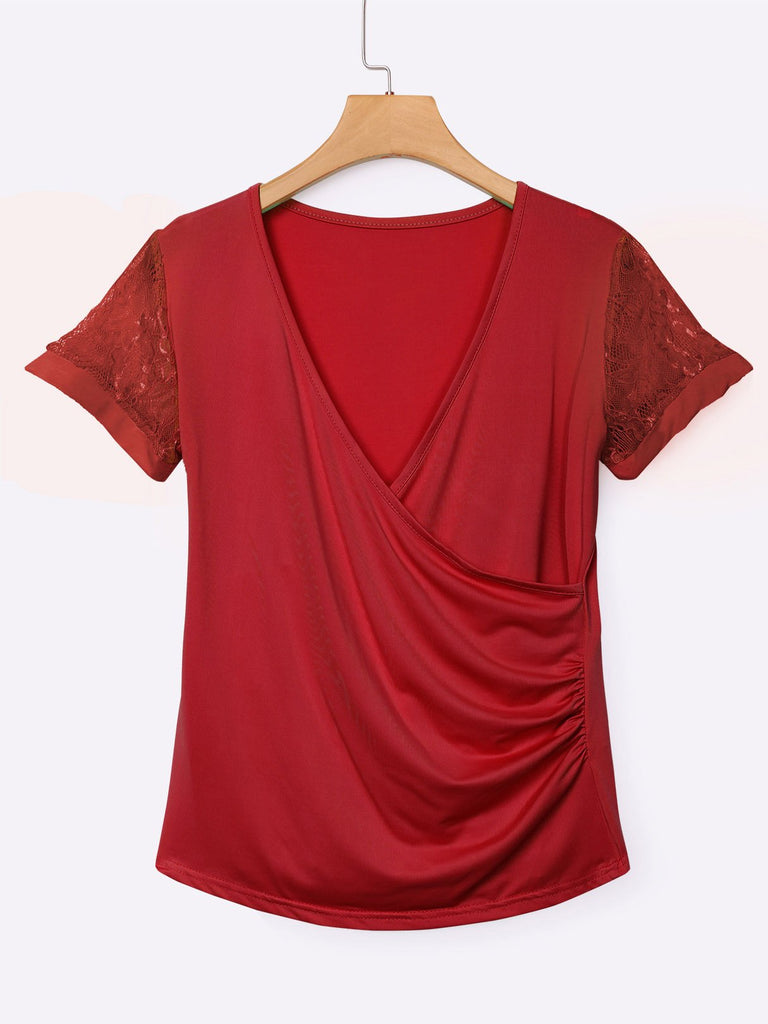 Deep V-Neck Lace Short Sleeve Bodycon Hem Red T-Shirts