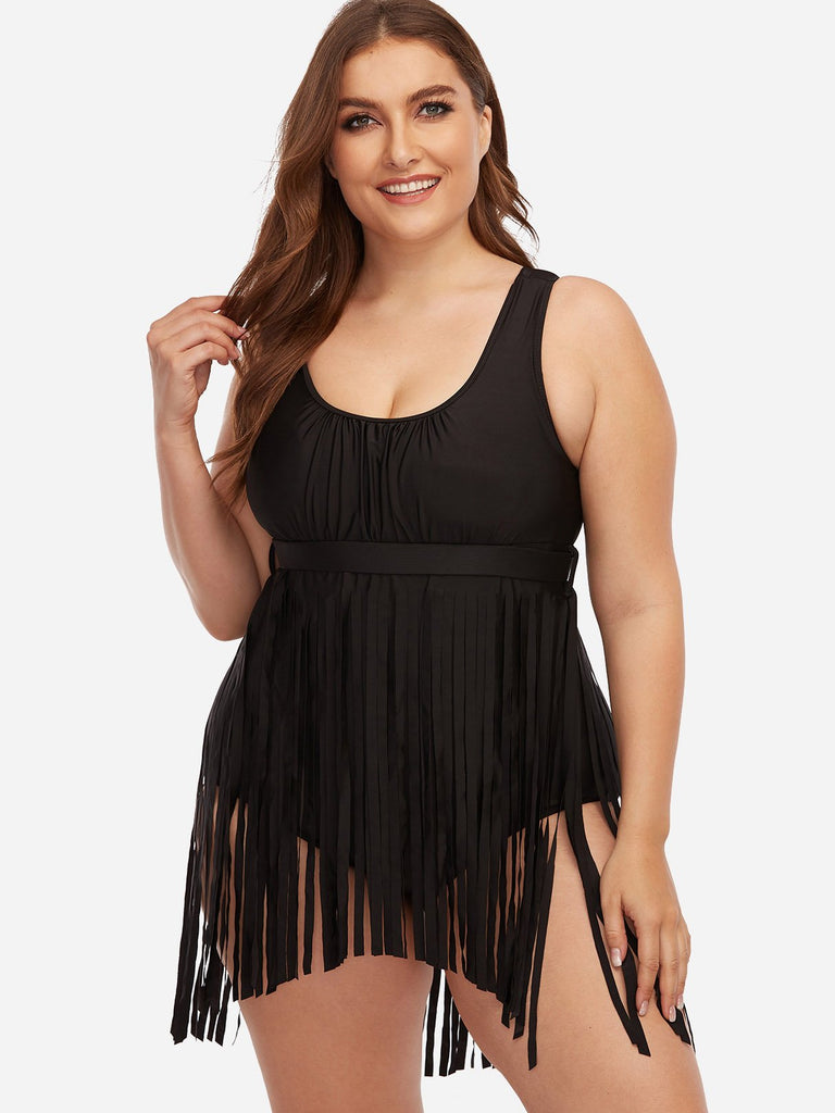 Scoop Neck Tassel Backless Pleated Sleeveless Tassel Hem Black Plus Size Swimwear