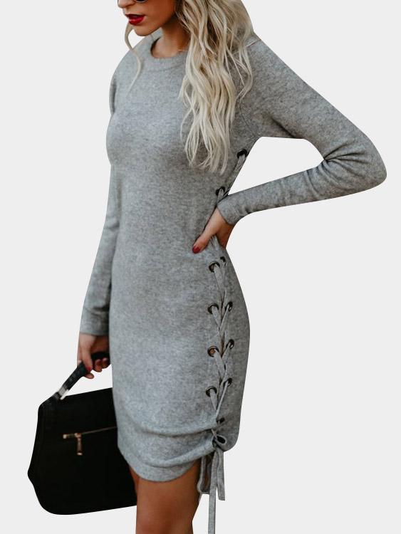 Grey Crew Neck Long Sleeve Plain Lace-Up Midi Dress