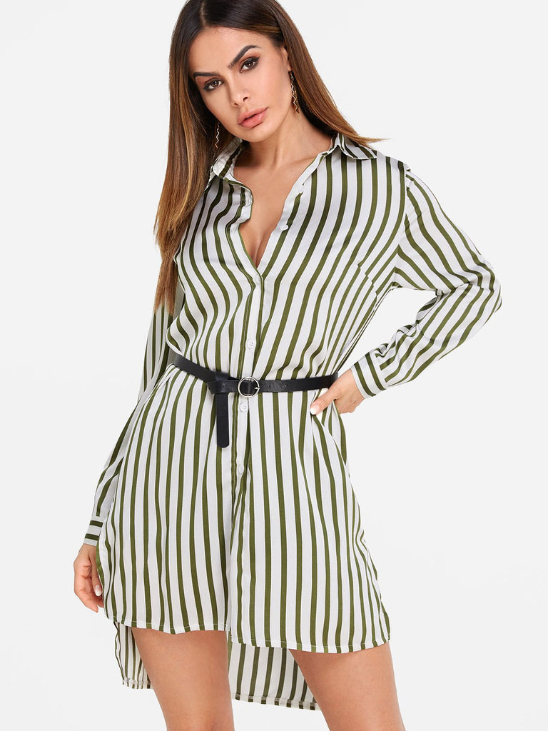 Green Lapel Collar Long Sleeve Stripe High-Low Hem Shirt Dresses