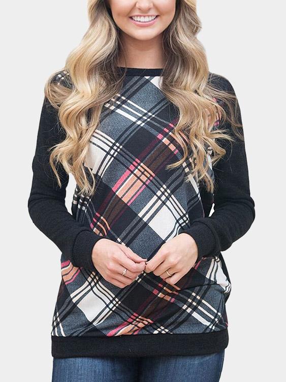 Round Neck Grid Long Sleeve Black T-Shirts
