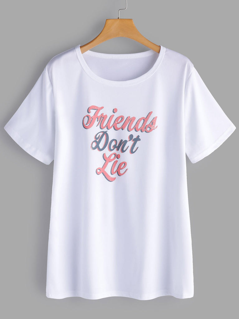 Short Sleeve Round Neck Letter White Plus Size Tops