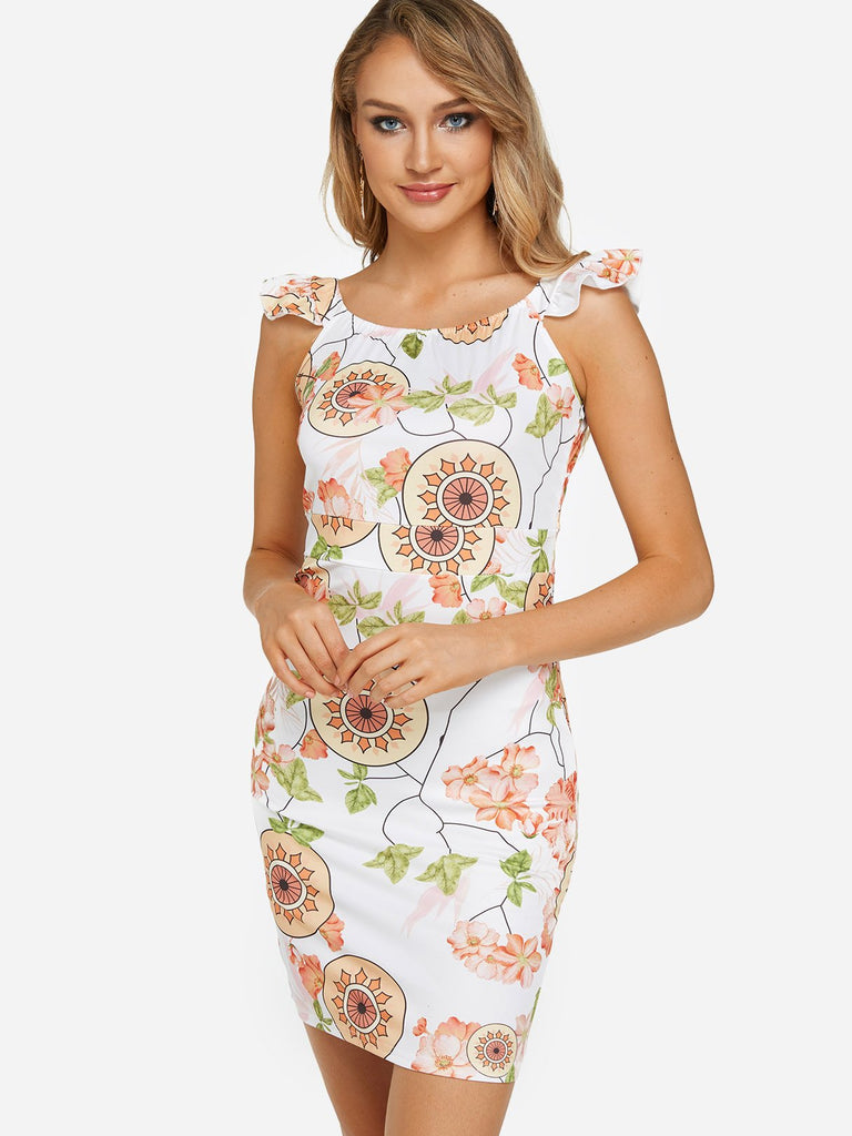 White Round Neck Sleeveless Floral Print Bodycon Dresses