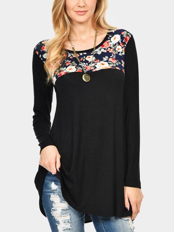 Round Neck Floral Print Long Sleeve Curved Hem Blouses