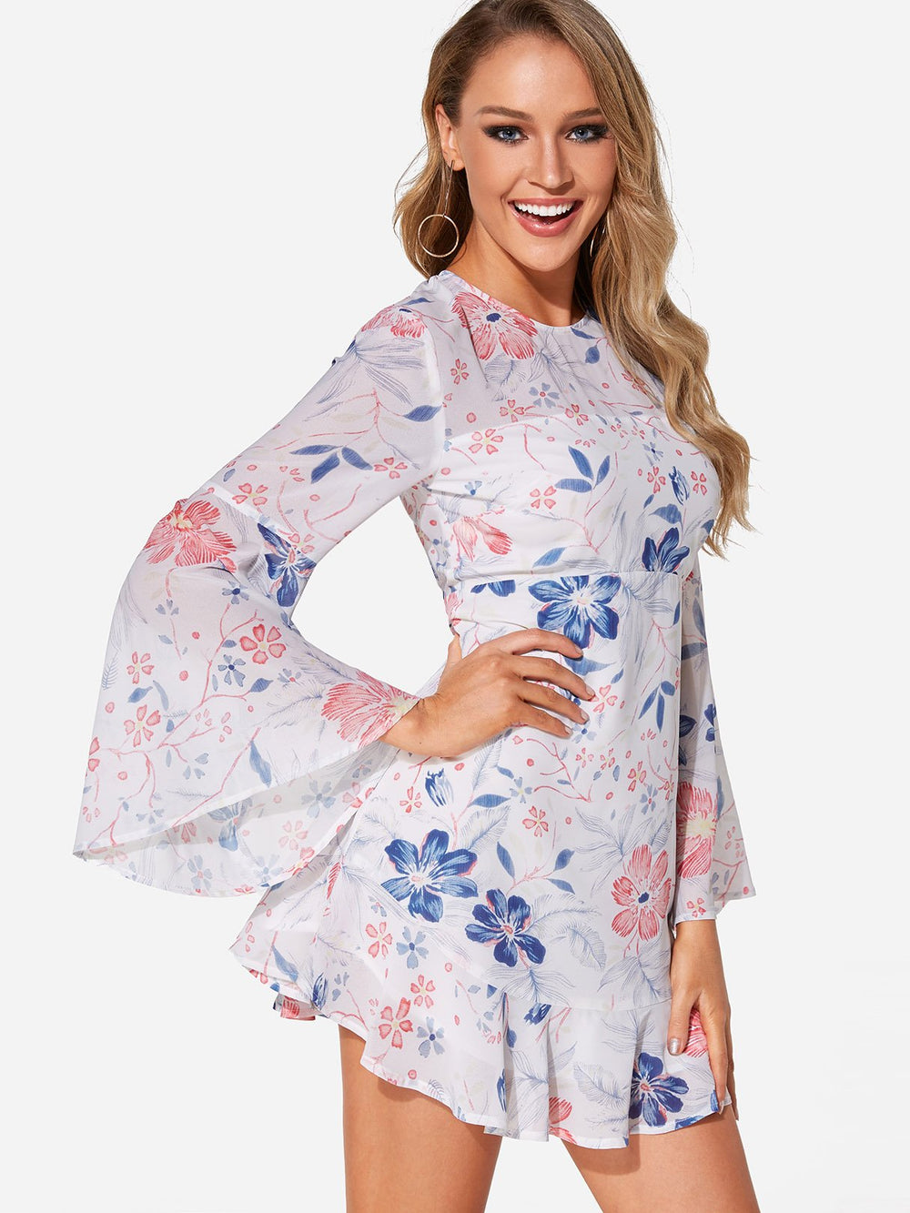 White Round Neck Long Sleeve Floral Print Backless Mini Dress