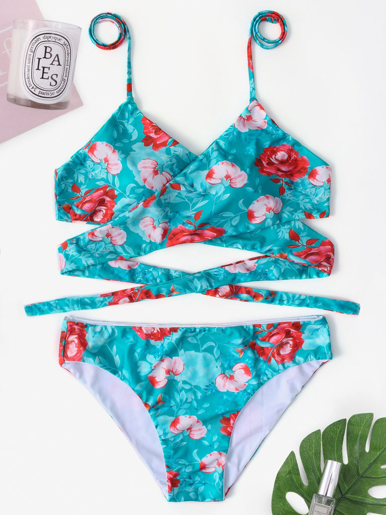 Green V-Neck Sleeveless Floral Print Lace-Up Two Piece Bikinis