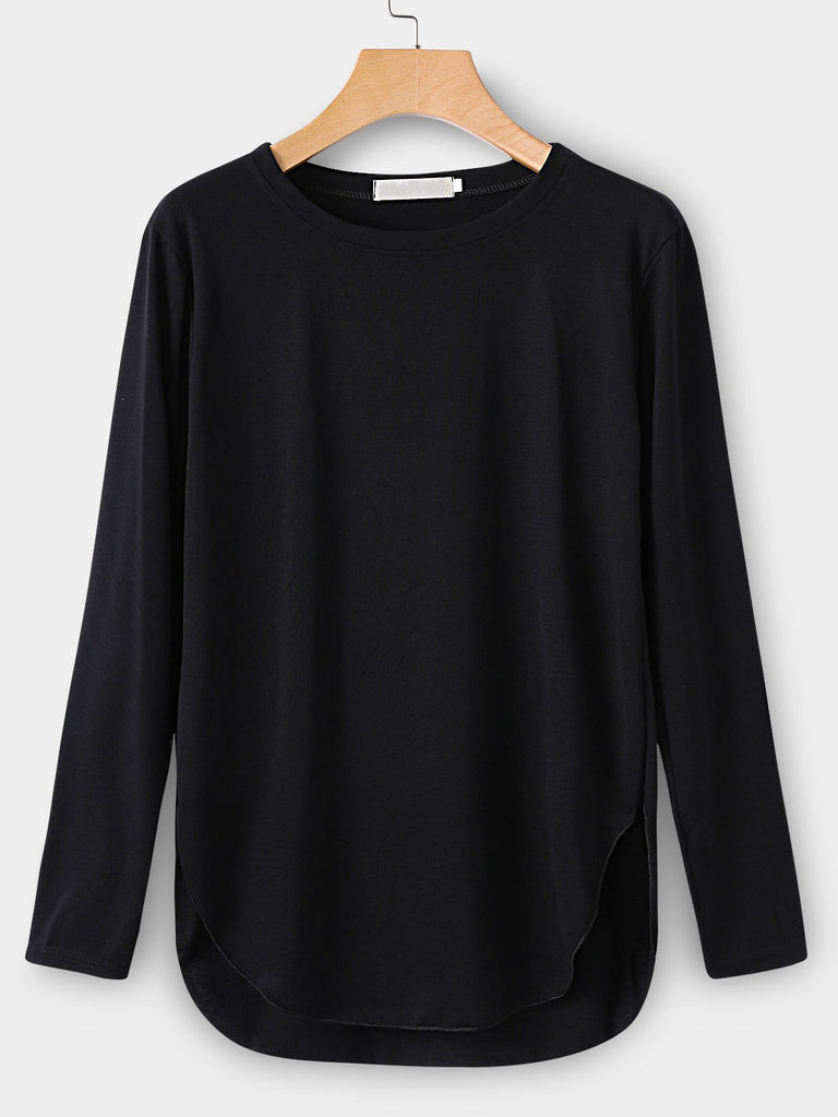 Round Neck Plain Long Sleeve Curved Hem T-Shirts