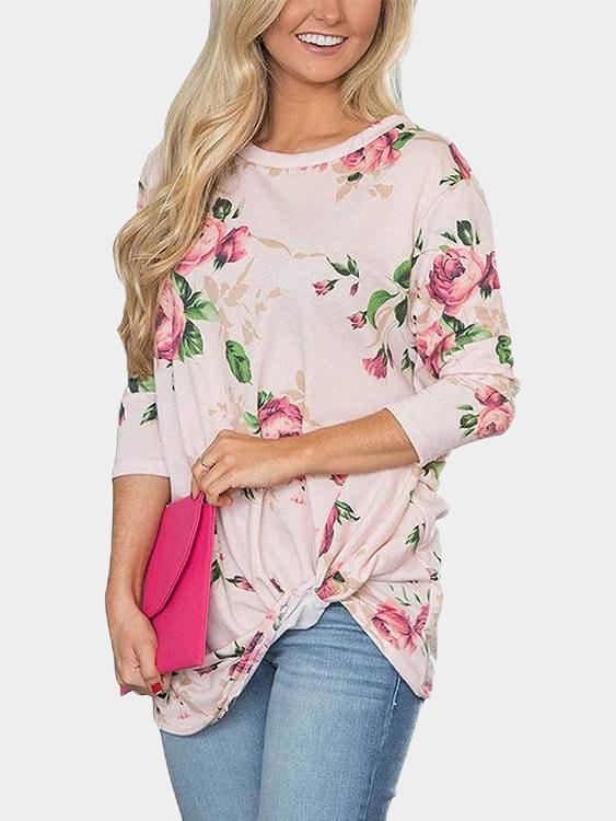 Round Neck Floral Print Long Sleeve Irregular Hem T-Shirts