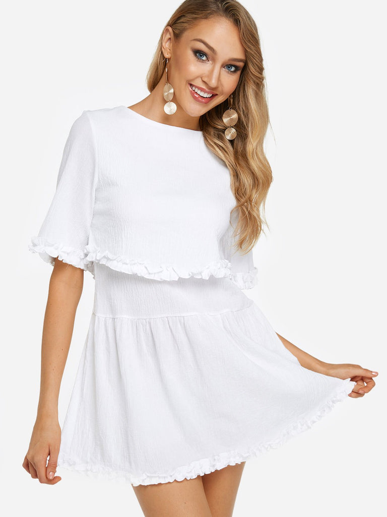 White Round Neck Half Sleeve Tiered Ruffle Hem Casual Dresses