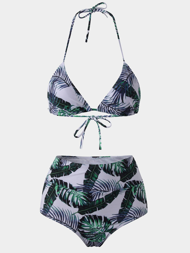 Green V-Neck Sleeveless Floral Print High-Waisted Bikinis