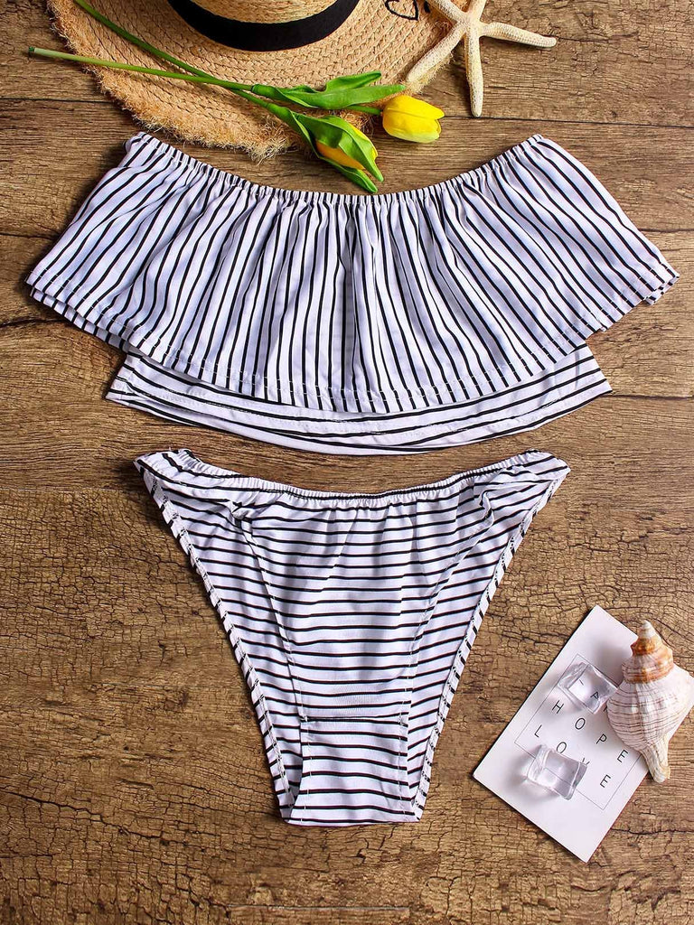 Black Off The Shoulder Sleeveless Stripe Tiered Bikinis