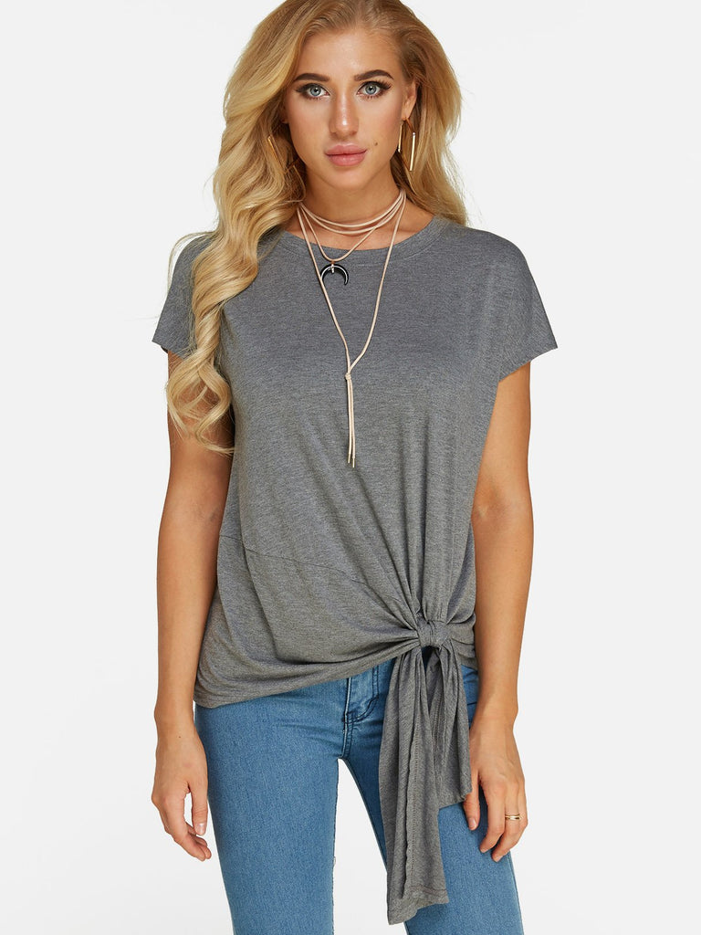 Round Neck Plain Lace-Up Pleated Short Sleeve Irregular Hem Grey T-Shirts