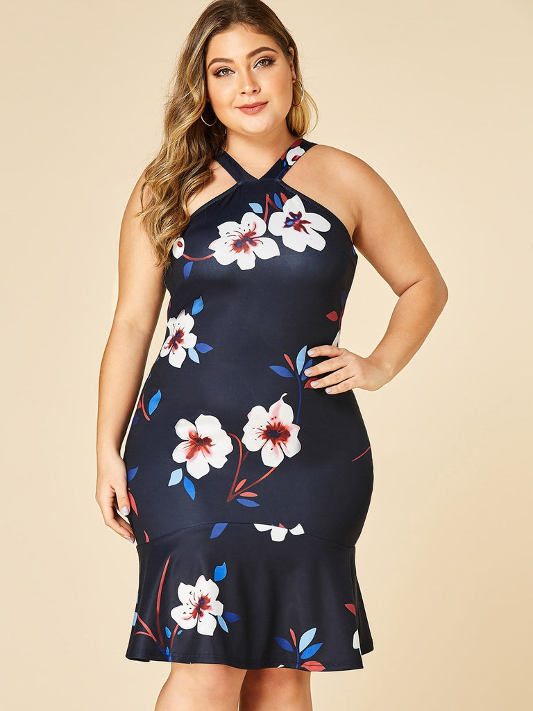 Halter Floral Print Zip Back Sleeveless Black Plus Size Dress