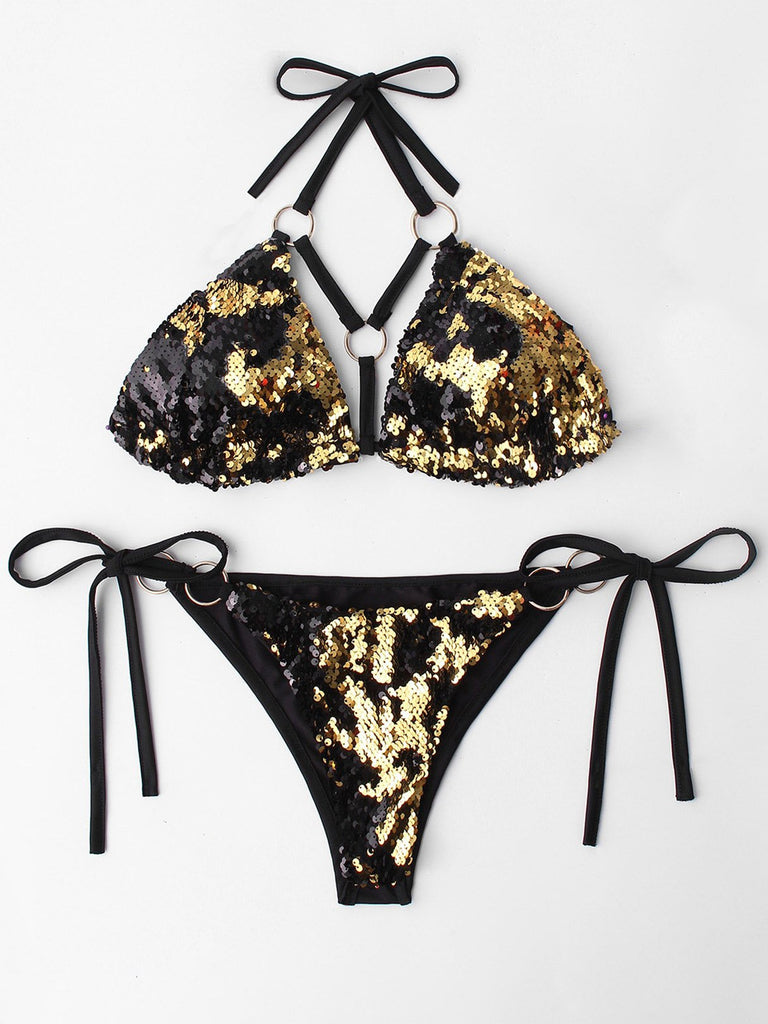 Gold Halter Sleeveless Backless Sequins Embellished Two Piece Bikinis