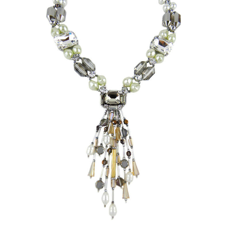 Luxury Style Pearl And Crystal Y Shaped Statement Necklace Silver Tone